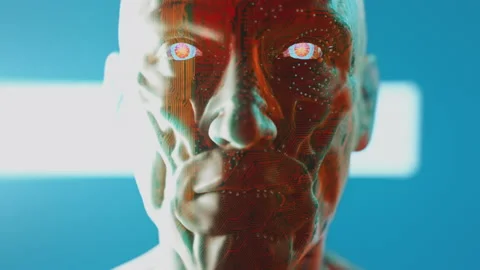 Android or cyborg with translucent skin, glowing eyes and visible circuits. 3D Stock Footage 225334125