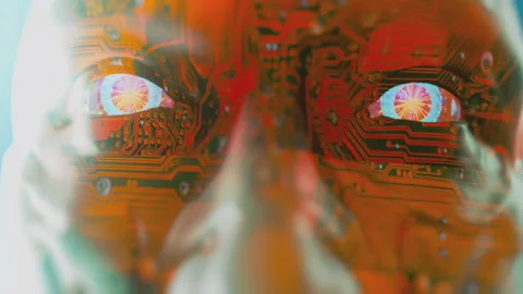 Android or cyborg with translucent skin, glowing eyes and visible circuits. 3D Stock Footage 225334237