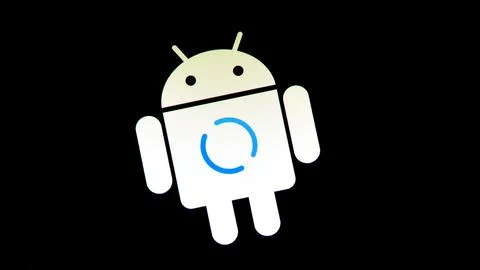 The Android OS logo displayed with a loading process on a dark background, .. Stock Photos