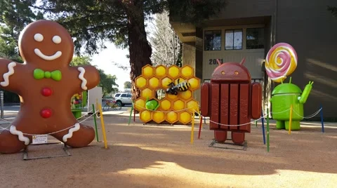 Android OS replicas in front of Google office Stock Footage 60928486