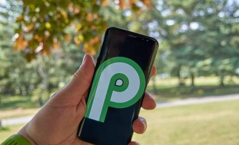 Android P opperating system logo on a screen Stock Photos