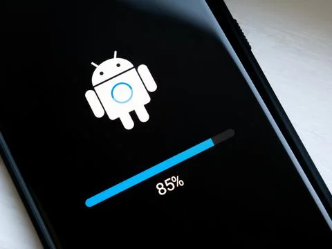 Android phone update installing, loading screen, smartphone display closeup Stock Photos