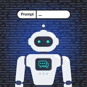 Android Robot with Artificial intelligence Prompt in background 库存插图