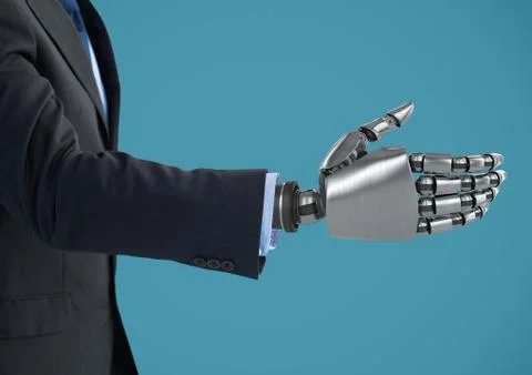 Android Robot businessman hand open for handshake with blue background Stock Photos