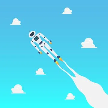 Android robot flying on blue sky Stock Illustration