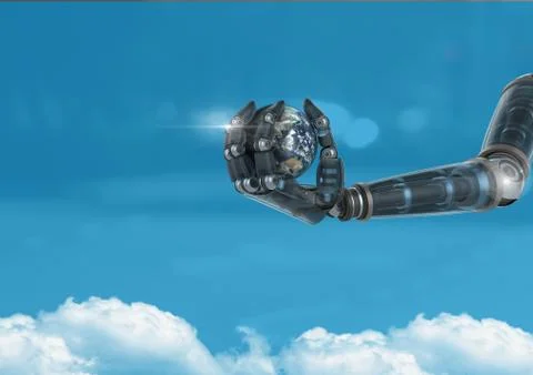 Android Robot hand holding planet earth with blue background 스톡 일러스트
