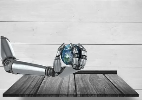 Android Robot hand holding planet earth with wood background 스톡 일러스트