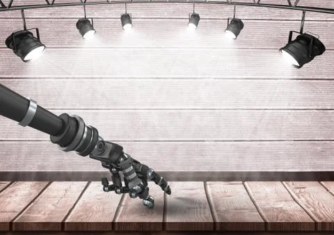 Android Robot hand pointing on wood under spotlights Stock Illustration