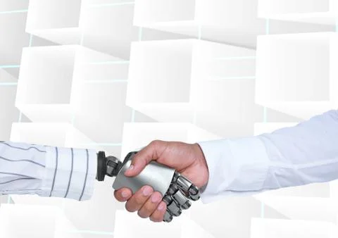 Android Robot hand shaking man hand with bright background Stock Photos