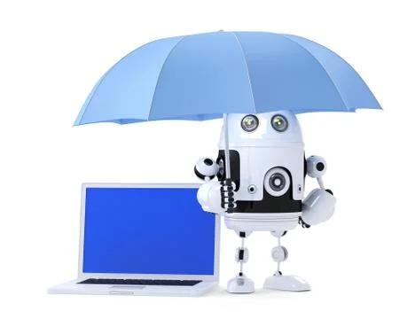Android robot with laptop and umbrella. Security concept. Isolated on white. Stock Illustration