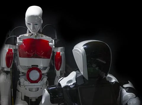 ANDROID ROBOT made of modern materials on a black background Stock Photos