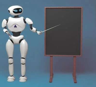 Android robot with pointer stick on blue background. 3d illustration. Robot.. Stock Photos