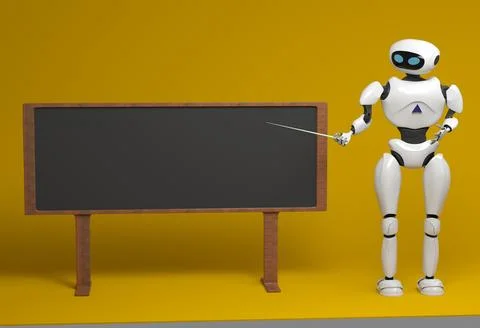 Android robot with pointer stick on orange background. 3d illustration. Rob.. Stock Photos