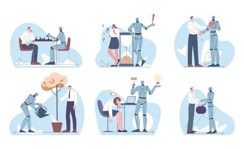 Android robotics and people work. Robot vs human in job, competition and Stock Illustration