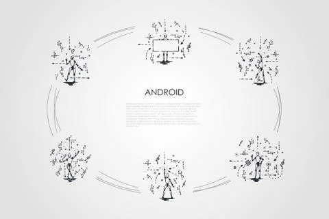 Android - robots with android scripts vector concept set 스톡 일러스트