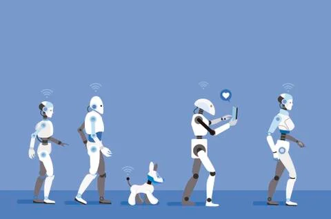 Android Robots Walking with Blue Background 스톡 일러스트