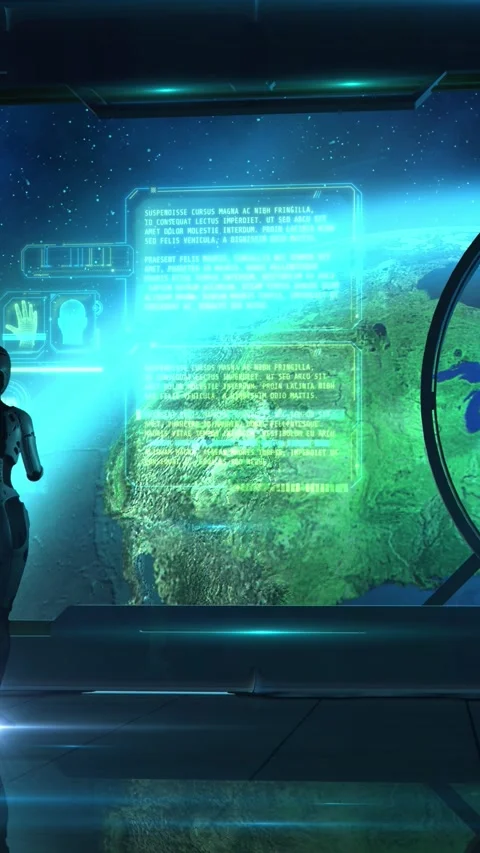 Android in a spaceship orbiting the earth, 3D render. Stock Footage 247531324