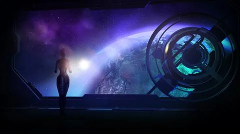 An android in a spaceship orbiting the Earth, 3D render. Stock Illustration