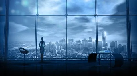 An android in a spacious office with panoramic windows, 3D render. イラスト素材