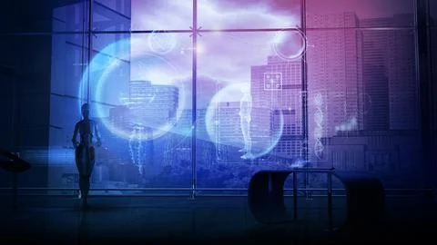 An android is studying medical data, 3D render. Stock Illustration