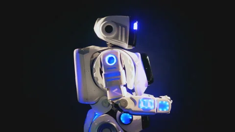 An android turns and waves using two arms. 4K. Video stock 88436255