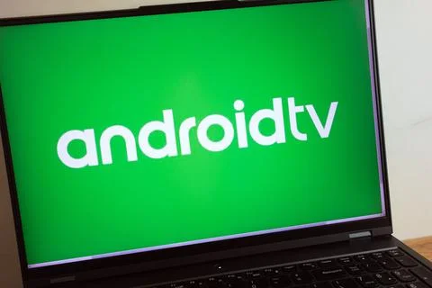 Android TV smart television operating system logo on laptop Stock Photos