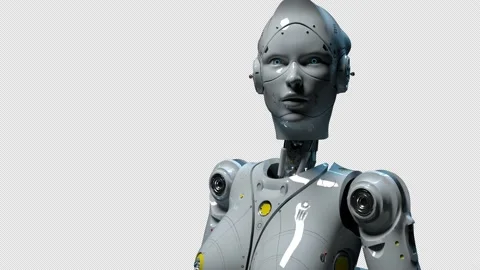 The android is white looking into the camera. The animation on artificial int Stock Footage 228951787