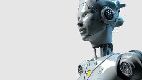 An android in white looking into the distance. The animation on artificial in Video stock 228951538