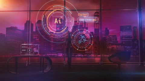 Android works with artificial intelligence in the office. 3D render Stock Footage 257022350