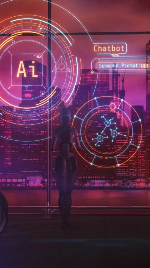 Android works with artificial intelligence in the office. 3D render Stock Footage 283291572