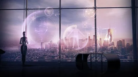 An android works with medical data, 3D render. Stock Illustration