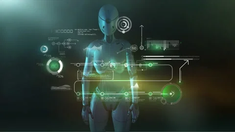 Android works with virtual array of infographic data. Stock Footage 154361482