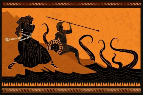 Andromeda chained to a rock and perseus fighting the sea monster kraken Stock Illustration