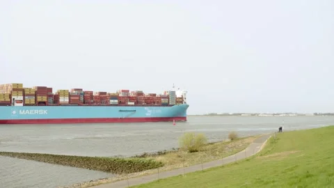 Ane Maersk container ship passing the Elbe riverbank, Germany Stock Footage 270486237