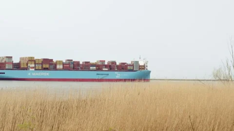 Ane Maersk methanol container ship sailing on the Elbe near Hamburg Vídeo Stock 270486505