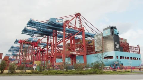 Ane Maersk methanol container ship at a Hamburg container terminal Stock Footage 270488389