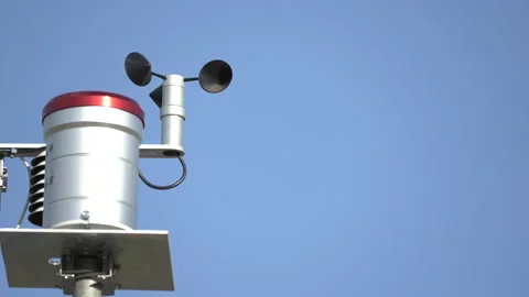 Anemometer on sky background, wind speed indicator equipment technology Video stock 136902401