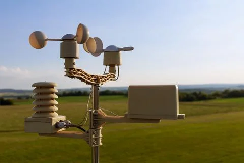 Anemometer, wind speed measurement, small weather station. Anemometer on blue Stock Photos
