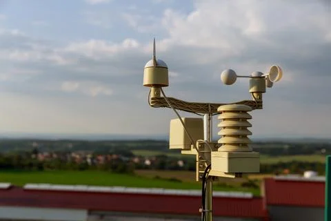 Anemometer, wind speed measurement, small weather station. Anemometer on blue Stock Photos