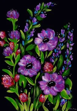 Anemone and Clover Purple Flowers Stock Illustration