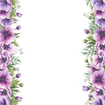 Anemone and eucalyptus branches seamless frame. Purple flowers buds and lea.. Stock Illustration