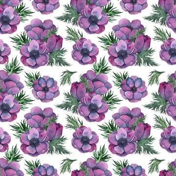Anemone flowers seamless pattern in Bright purple colors. Hand drawn Watercolor Stock Illustration