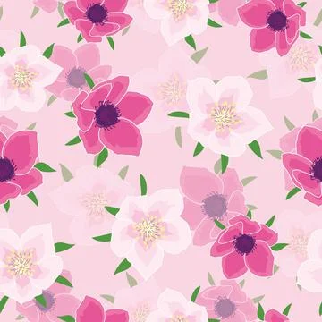Anemone flowers seamless pattern on light pink background Stock Illustration