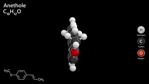 Anethole. Antioxidant. 3D model of a molecule. C10H12O. Black back. 3D render Stock Footage 289308031