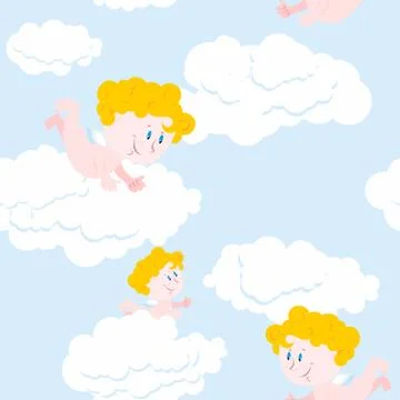 Angel and clouds seamless pattern. Cute little Holy babe. Blue skies and good Illustrazione stock