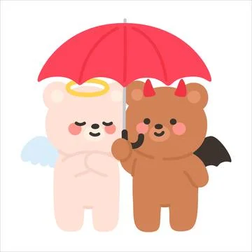 Angel and Devil Bears Standing Together Under a Red Umbrella Stock Illustration