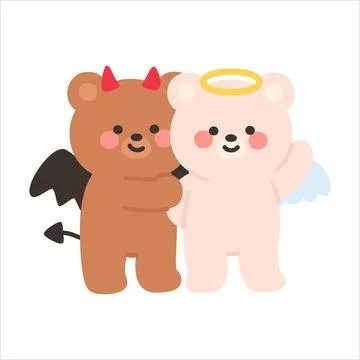 Angel and Devil Bears Standing Together in a Friendly Pose Stock Illustration