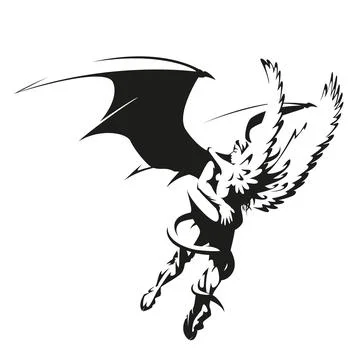 The angel and the devil embrace, black and white vector illustration 스톡 일러스트