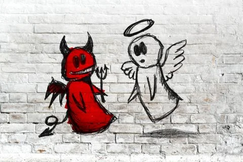Angel and devil fighting; doodle drawing on white brick wall Stock Illustration