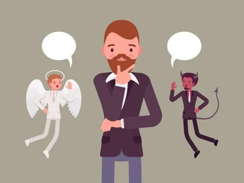 Angel and devil hovering over a thinking man Stock Illustration
